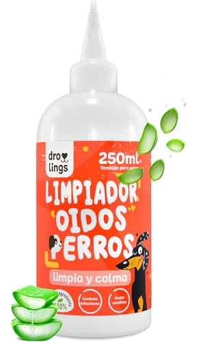 Droolings Limpiador Oidos Perros y Gatos - (250ml y 100% Natural) - para Orejas con Cera Picor Acaros y prevenir Infecciones u Otitis
