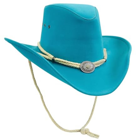 Outdoor Sommerhut in veganem Leder mit biegsamer Krempe super leicht und luftig inkl. Kinnband wasserfest mit UV Schutz für Damen und Herren Farbe Aqua, Größe XL I 60-61 cm