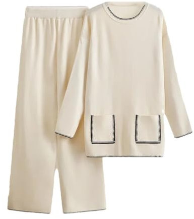 2-teiliges Strickset für Damen, langärmelig, Rundhalsausschnitt, Strickwaren, Pullover, Conjuntos, hohe Taille, Trainingsanzug, beige, XL
