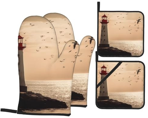 Mitaines De Cuisine Imprimé Phare Et Mouette Anti Chaleur Baking Gloves Professionnel Maniques Cuisine pour Four Grillade Barbecue,4 Pièces