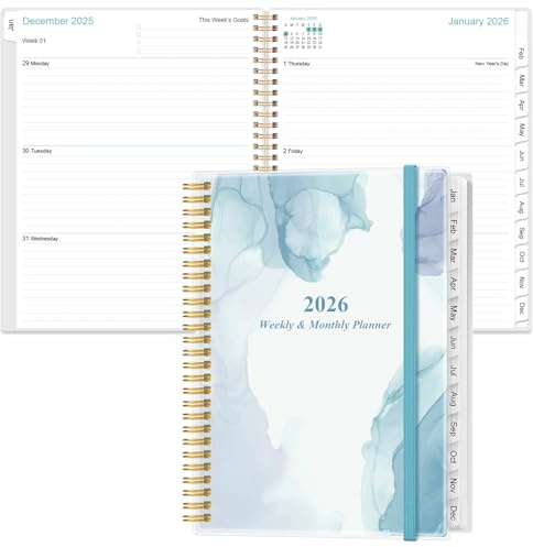 2026 Planner - Planner 2026 from January 2026 to December 2026 with 12 Monthly Tabs, Flexible Cover, Inner Pocket, 8.5 x 11, Blue Watercolor