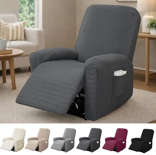 Hengrongshen 1-Sitzer Sessel Überzug, Sesselbezuge Stretch mit Taschen, All-Inclusive Streifen-Jacquard Sesselschoner für Fernsehsessel Relaxsessel Sesselhusse (Dunkelgrau, 4-Teilig)