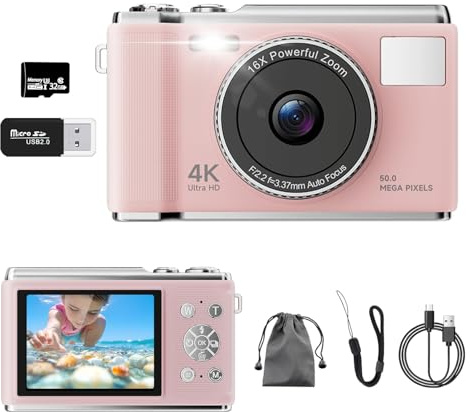 Appareil Photo numérique 4K, véritable Appareil Photo de vlogging 50 MP avec Carte TF 32 G, Zoom 16x, Mise au Point Automatique AF, écran Anti-tremblement, écran LED de 2,83 Pouces, Flash, Appareil