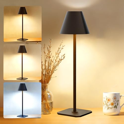 sailsco Lámpara de escritorio LED inalámbrica, recargable, atenuación táctil, 3000K-6500K/3 colores, recargable vía USB-C,aluminio,resistente al agua IP44,uso interior y exterior, negro, 1 unidad.
