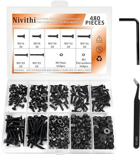 Nivithi Lot de vis M3 à tête fraisée hexagonale-480 pièces vis noire en Fer 10.9,visserie boulonnerie,vis et boulon,M3x6/8/10/12/16/20/25mm pour meubles et réparations