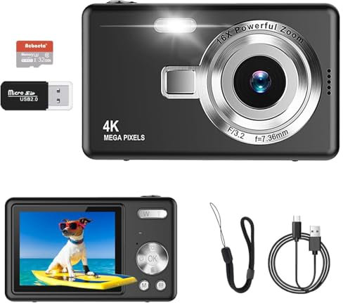 Appareil photo numérique – 1080p FHD 44 MP avec écran LCD de 6,1 cm, appareil photo compact et portable avec carte SD de 32 Go, zoom numérique 16x pour enfants, adolescents, étudiants, débutants