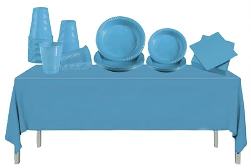 WOOPARTY Set Stoviglie Riutilizzabili in Plastica Dura Celeste - 145 Pezzi: 25 Piatti Dessert 17cm, 20 Piatti Piani 22cm, 50 Bicchieri, 50 Tovaglioli, 1 Tovaglia 137x274cm - per Feste e Picnic