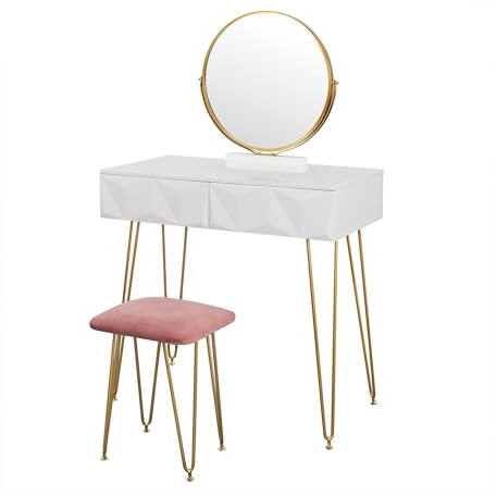 SONGYL-20249 Tavolo Trucco Toeletta con Sgabello e Specchio, Tavolo da Trucco for Camera da Letto, con cassetto, Organizer for Trucco e Gioielli, Bianco Toilette con Specchio