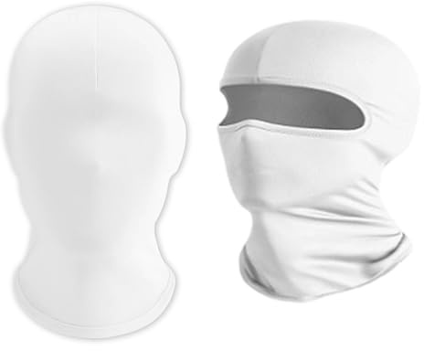 BaiDekun Lot de 2 masques et cagoules blancs (1 avec découpe pour les yeux + 1 sans découpe pour les yeux) – Respirant, élastique, polyvalent, pour Halloween, cosplay, cyclisme, moto et extérieur