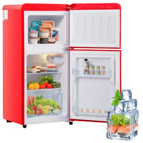 60l Retro Kylskåp, Minikyl Med Frys, Kyl-Frys-Kombination, 22-Liters Frysfack, 38-Liters Kylfack, Energiklass E, 102 Kwh/år, LED-Belysning,Red