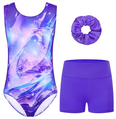 Tziharora Leotards for Girls Gymnastics Size 8-9 Years Old Blue Tank Gym Leos Dance Bodysuits with Shorts
