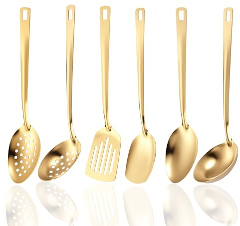 6 Stück Edelstahl Kochutensilien Set Langlebig Rostfrei Küchenutensilien Set mit Schlitzspatel Massiver Spatel Schöpflöffel Servierlöffel Sieb Suppenlöffel Kochbesteck Küchen Zubehör (Gold)