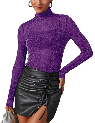 Mujer Tops de Malla Transparente con Purpurina Camiseta Transparente de Manga Larga Sexy Tops