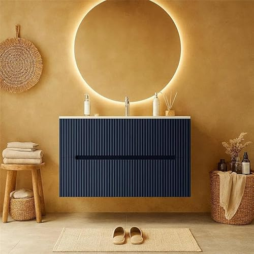 exagonshop Mobile Bagno Blu Marino 80x46 cannettato Urbino 2.0 con lavabo in Resina Lucida
