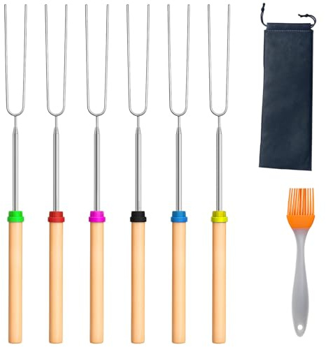 6 Stück Lagerfeuer,31-81 cm Grillspieße Teleskop Marshmallow,Grillspieße mit zwei Ölpinseln,Edelstahl Marshmallow Spieße Mit Verstellbarer Länge,Grillstab mit isolierten Griffen für Camping Grill ﻿