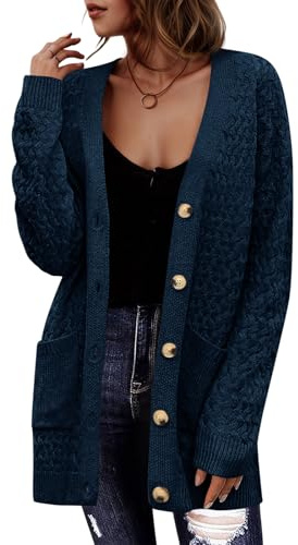 Saodimallsu Cardigan da donna a maniche lunghe, con scollo a V, con bottoni, casual, elegante, con tasche, Blu scuro, S