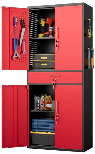 Aobabo Metall-Aufbewahrungsschrank mit 5 Stecktafeln und 2 Schubladen, 180 x 76 x 38 cm, abschließbarer Stahl-Werkzeugschrank für Garage, Lager, Montage erforderlich (W-1 Schublade, Schwarz Rot)