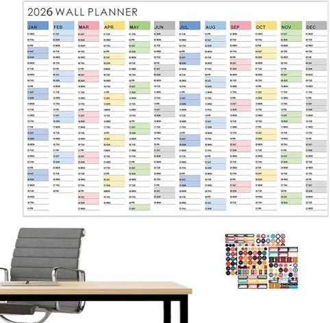 Grand calendrier mural - Calendrier mensuel 2026 pour bureau, affiche organisateur pour tâches, études, travail, maison, salle de classe, bureau