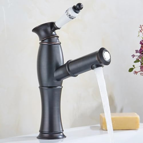 BiaoTeng Rubinetto Bagno Lavabo Vintage Ottone 1 Foro con Doccetta Estraibile Caldo e Freddo Miscelatore Lavabo Bagno Vintage Monoforo Retrò Nero