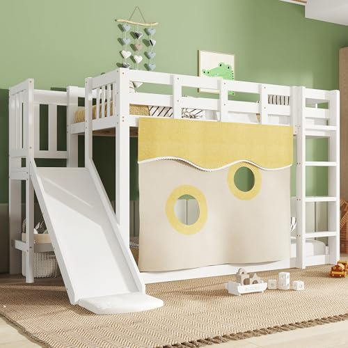 Fppuueg Letto a Castello per Bambini 90x200 cm con Tenda e Scivolo, Letto a Castello per Ragazzi con Scala e Ringhiere, Letto Matrimoniale Legno, Struttura in Legno, Bianco, Senza Materasso