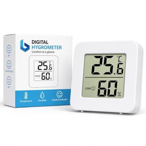 Boulton Small Digital Hygrometer Room Temperature Thermometer – Mini Indoor Temperature and Humidity Monitor with LCD Display Face Icon for Home Office Comfort Reptile Greenhouse Garden