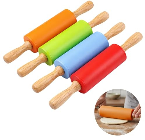 4 mattarelli in silicone, superficie ergonomica, mattarello, piccolo con manico in legno per cottura e fondente per bambini (rosso/arancione/verde/blu)
