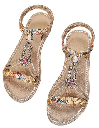 ZTFYKLIN Sandalia Mujer Sandalias De Verano Para Con Cuentas Y Punta Redonda, Cómodas, Planas E Informales. (White, 37) Pies Delicados Zapatillas Mayor Plataforma Cuña Pedreria Cuero Rosa Palo