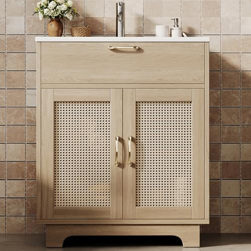 Merax Badezimmerschrank mit Waschbecken, feuchtigkeitsbeständig, Schubladenlift, doppelte Soft-Close Türen, Rattan-Highlights für Moderne Bäder, Waschtisch, freistehend, Natur/76x46x88cm
