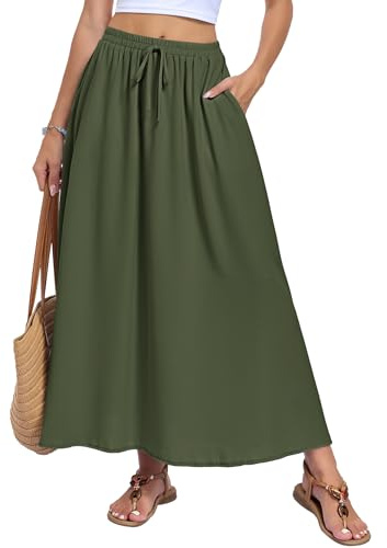 AUSELILY Womens Maxi Skirts Pockets High Waist A Line Summer Army Green L