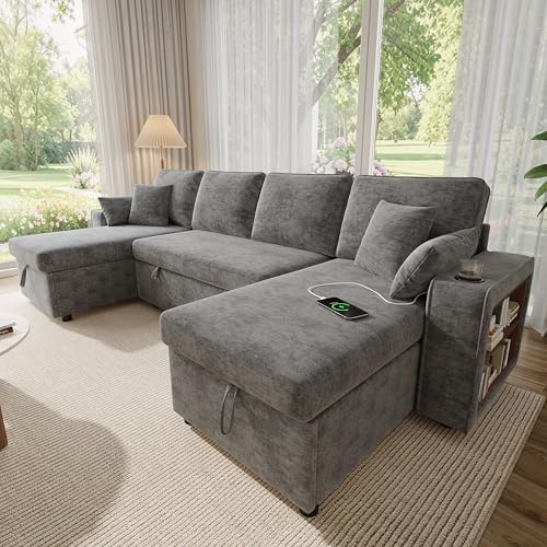 Merax Sofa Ecksofa mit Schlaffunktion und Bettkasten - Ausziehbares Schlafsofa U-Form, Praktische Schlafcouch mit Stauraum, Armlehnen‑Ablage, USB‑Ladeanschluss und Getränkehalter, Grau