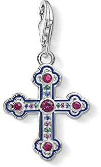 THOMAS SABO Charm-Anhänger viktorianisches Kreuz 925er Sterlingsilber, Geschwärzt, Dunkelblau Emailliert, Nylon