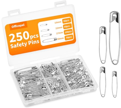 Officepal Premium Quality 4-Size Pack of Safety Pins- Top 250-Count – Durable, Rust-Resistant Nickel Plated Steel Set- Best Sewing Accessories Kit for Baby Clothing, Crafts, Arts (4-Size M)