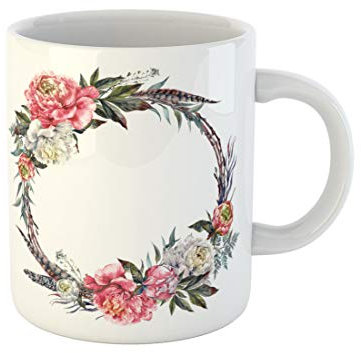 Awowee Coffee Mug Watercolor Floral Wreath Made of Peonies Leaves Pheasant Feathers 11 Oz Ceramic Tea Cup Mugs Best Gift Or Souvenir For Family Friends Coworkers