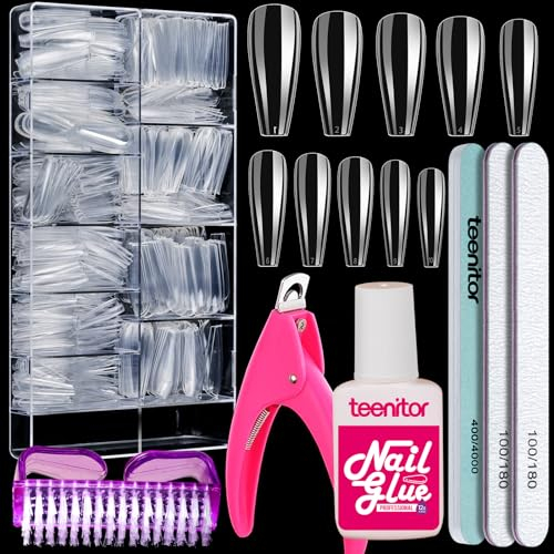 Clear Fake Coffin Nail Tips, Teenitor Long Acrylic Full Cover Nail Tip Press On Nails, 600pcs Ballerina False Nails Nail Glue, Nail Files And Buffer Polisher Nail Brush, Nail Clipper Set for Beginners