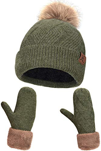 Maylisacc Winter Bommelmütze und Fäustlinge Damen, Dicke Strickmütze Winterhandschuhe Fausthandschuhe Set mit Warme Fleecefutter Grün