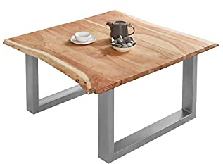 SAM Couchtisch Billy 80x80 cm Akazie Natur U-Gestell Silber | Baumkantentisch massiv, Akazienholz naturfarben, echte Baumkante, massiver Sofatisch, Metallgestell