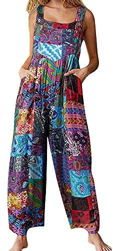 Springcmy Women's Loose Overall Dungarees Floral Jumpsuit Sleeveless Casual Baggy Playsuit Summer Wide Leg Long Pants Romper (A-Blue, L)