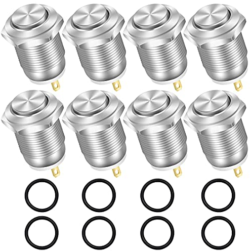 GUUZI 8 Piezas 12 mm Interruptor de Botón de Metal Resistente al agua con Cierre, Interruptor de Botón de Bloqueo Automático de Encendido y Apagado 3A 12V / 24V / 125V / 250VAC (Cabezal Alto)
