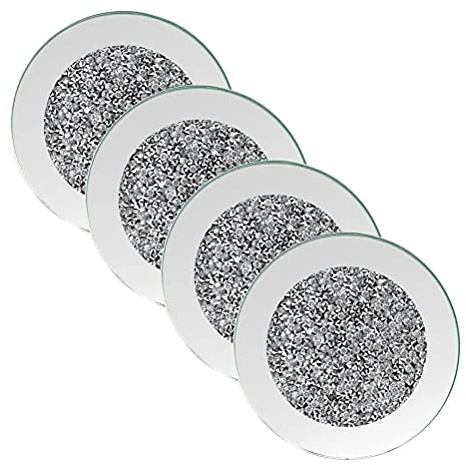 Kuashidai Verspiegelter Glasuntersetzer, 10*10*0.9cm, Crushed Diamant, Tassenmatte, Tischdekoration, Glitzer, verspiegelter Glasuntersetzer für Restaurant, Küche, Bar, Esstisch, Silber