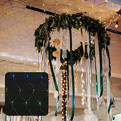 hellum-Lichternetz außen Buschbeleuchtung 100 warm-weiße/bunte (umschaltbar) LED 1,5x1,5m mit Timer für Balkon Hauswand Pavillon Garten für Party Weihnachten Hochzeit geeignet für Innen+ Außen 577044