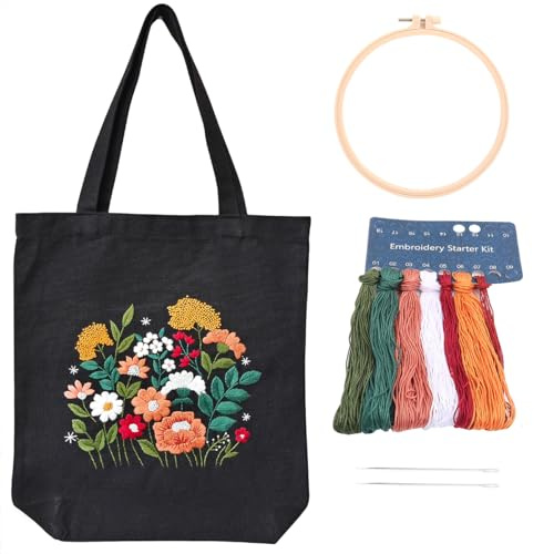 MAMUNU Canvas Tote Bag Embroidery Kit with Pattern for Beginners Adults, Handmade Arts and DIY Crafts Cross Stitch Tote Bag Kits - Includes Embroidery Bag, Hoops, Color Threads and Tools, Black