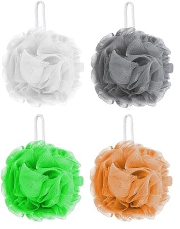 ANGIX 4 x Loofah Ultra Soft Mesh Pouf Bath Sponge Set - Shower Sponges for Men & Women, Premium Body Scrubber, Shower Puff Ball Sponge with Strings in 4 Mixed Colors