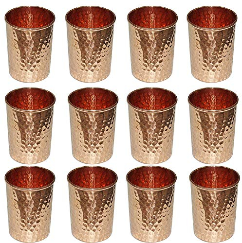 OSNICA Pure Copper Hammered Tumbler for Healing Ayurvedic Product Tableware Accessories, Set of 12, Height 9.5 Cm