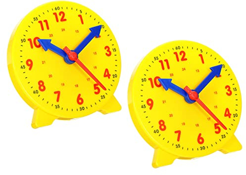 PATIKIL 4 inch Teaching Clock, 2 Pack Learn Clock Learning Tell Time Analog Clock Demonstration Clock 24 Hour 3 Pointers Geared Movement for Classroom Teacher, Yellow