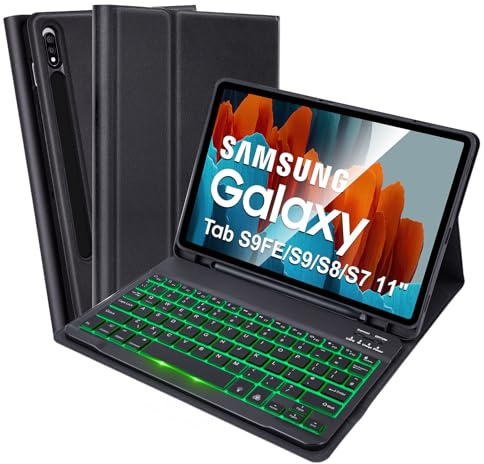 SOPPY Backlit Keyboard Case for Samsung Galaxy Tab S10FE/S10 Lite 10.9 inch, S9FE/S9/S8/S7 11 inch, 7-Colors Backlight, Slim Cover with Detachable Keyboard, Built-in S Pen Holder, UK Layout, Black