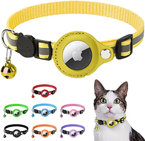 LZXLXS Airtag Katzenhalsband, Airtag Katze Halsband kompatibel mit Apple Airtag, Reflektierendes Kätzchenhalsband mit Halterung und Glocke für Mädchen Junge Katzen, Gelb