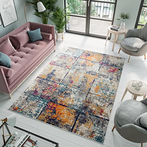 TAPISO Denver Teppich Kurzflor Blau Grau Orange Rosa Meliert Verwischt Gitter Quadrate Schlafzimmer Wohnzimmer Büro Modern Design ÖKOTEX 200 x 300 cm