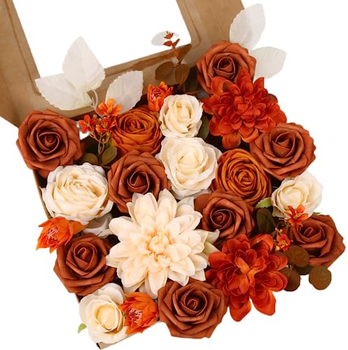 LITOYNAN Artificial Flower Box Set Silk Flowers Rose Faux Flowers with Stems for DIY Bridal Wedding Bouquets Centerpieces Arrangements Table Decor Baby Shower Party Home Decor (Chic Terracotta Rust)