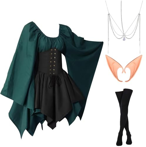 Ulikey Vestido Tradicional Irlandés Medieval Gótico para Mujer, Disfraz de Carnaval con Orejas de Elfo, Adorno de Pelo, Calcetines Overknee