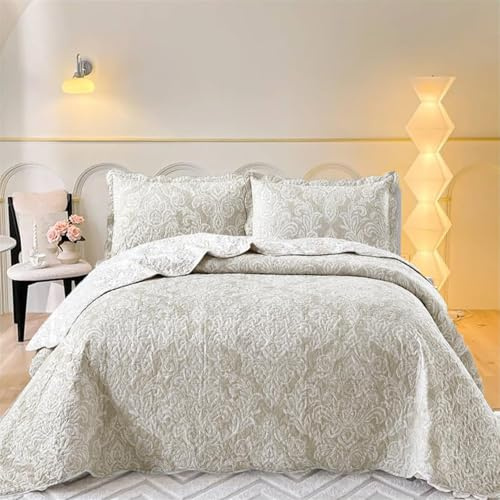 3 Piece Printed Quilted Comforter Bed Throw Bedding Set Bedspread & Pillow Sham Machine Washable (Dmsk Beige, Super King)